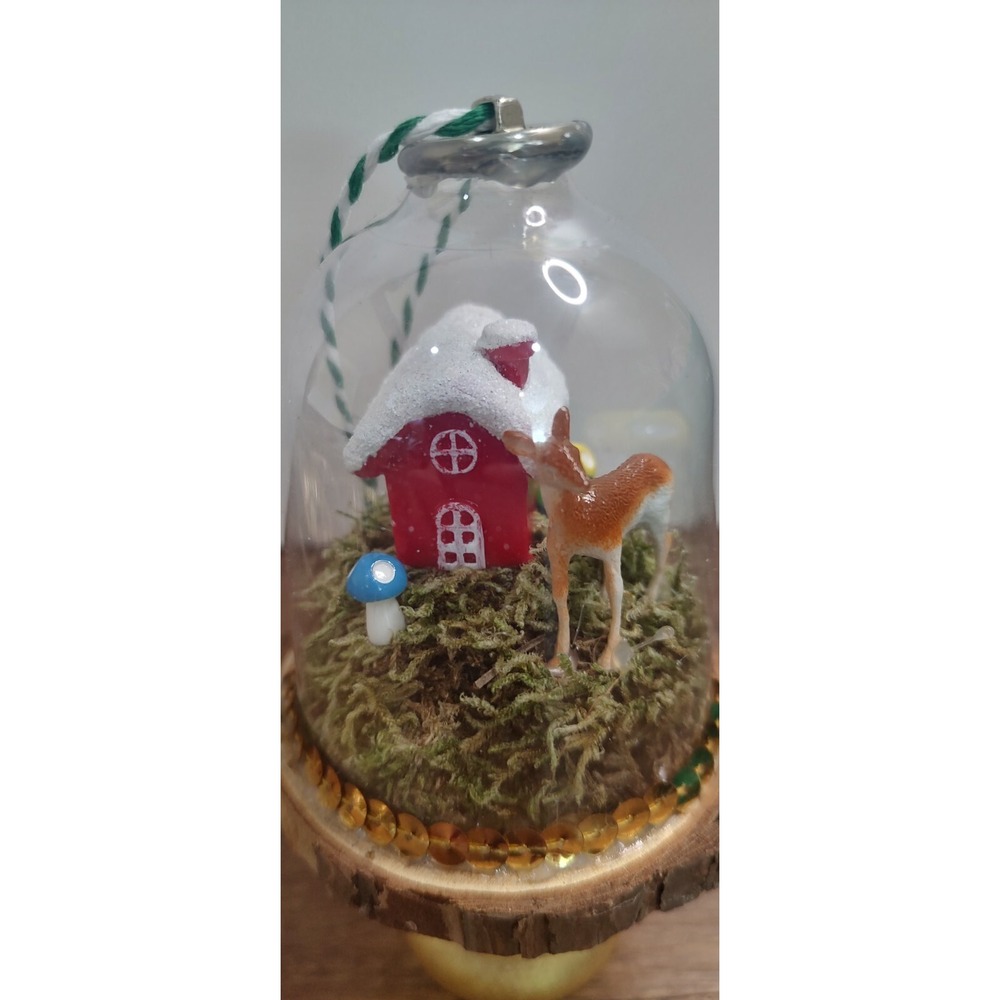 Dome Cloche Diorama Christmas Ornament House Deer Mushroom Fairy Garden O2